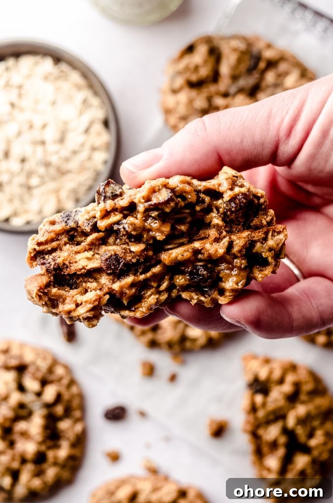 Ultimate Monster Cookie Recipe for Chewy, Loaded Cookies 18 A hand holding a chewy oatmeal raisin cookie that has been broken in half so you can see the gooey inside.