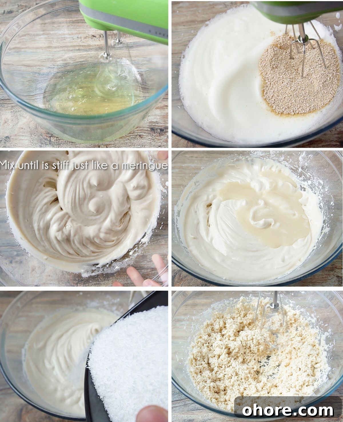 Process shots showing how to make dairy free macaroons by beating the egg whites and mixing with shredded coconut.