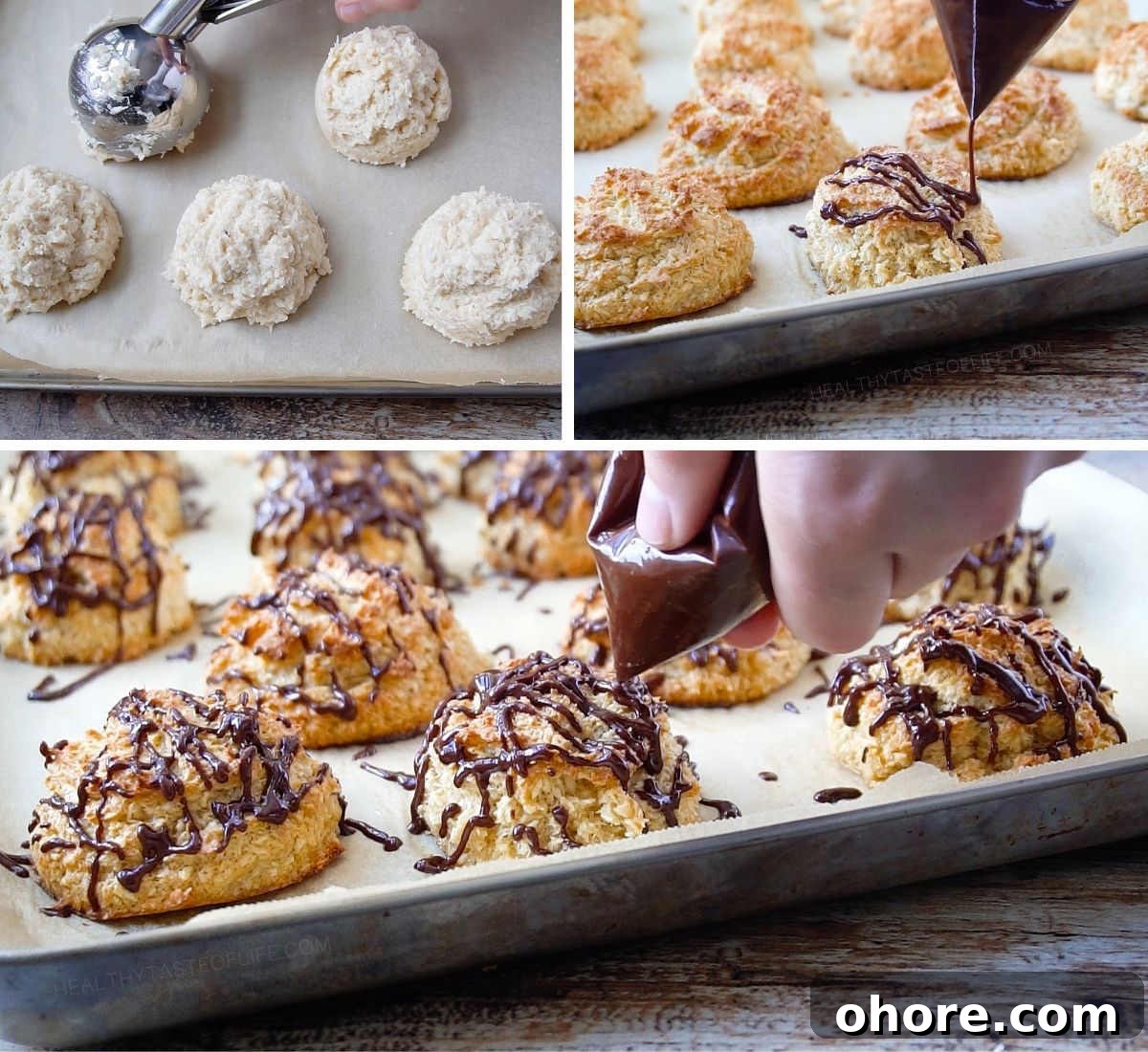 Process shots showing how to make homemade gluten free macaroons with dairy free ingredients and melted chocolate.