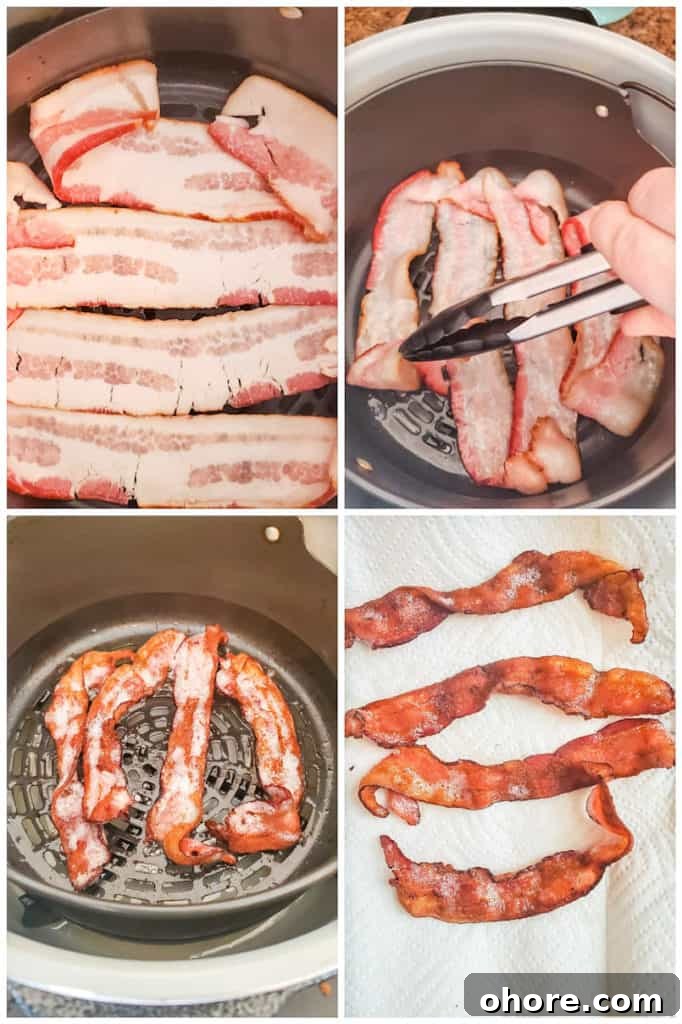prep image showing four pictures of bacon cooking in an air fryer.