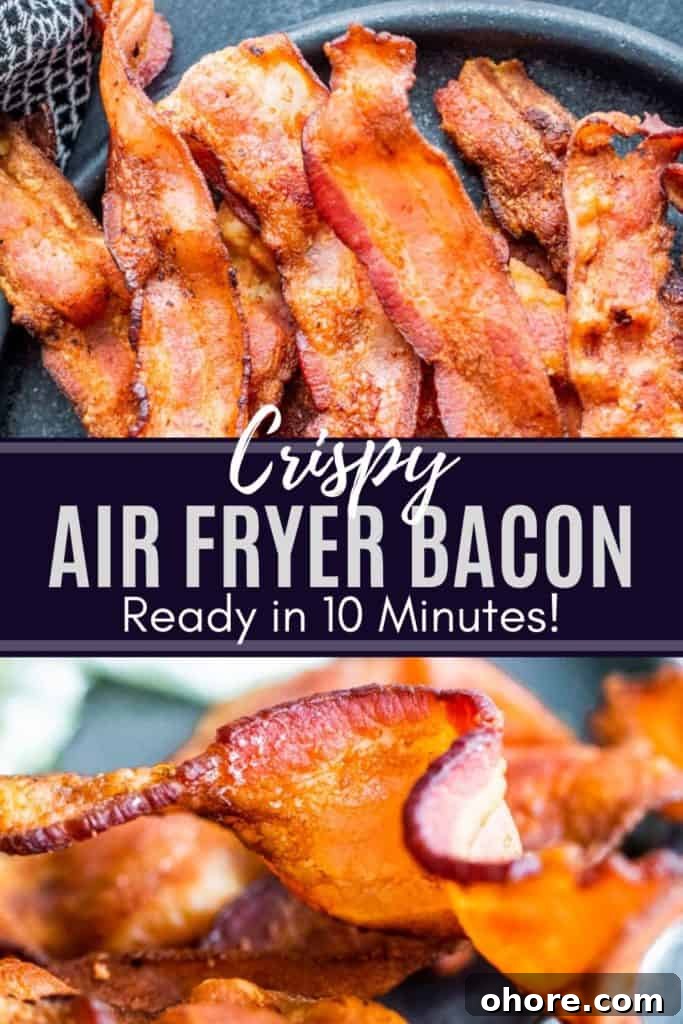 Pin for crispy air fryer bacon with two images and white text in the middle.