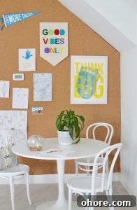 Update Your Organized Kitchen Desk for 2021: Smart Tips & Trends 13 Cork board wall with kids art