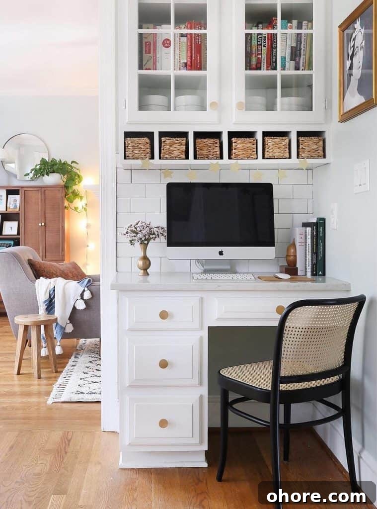 Update Your Organized Kitchen Desk for 2021: Smart Tips & Trends 5 built in desk in a kitchen with a black chair