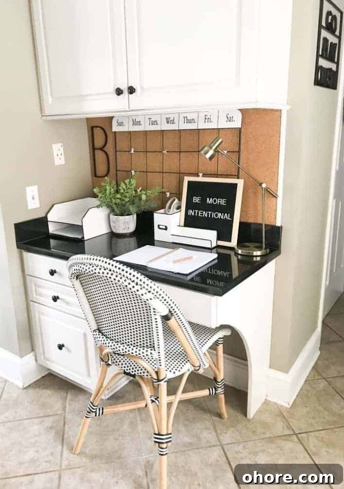 Update Your Organized Kitchen Desk for 2021: Smart Tips & Trends 6 kitchen desk with blue chair
