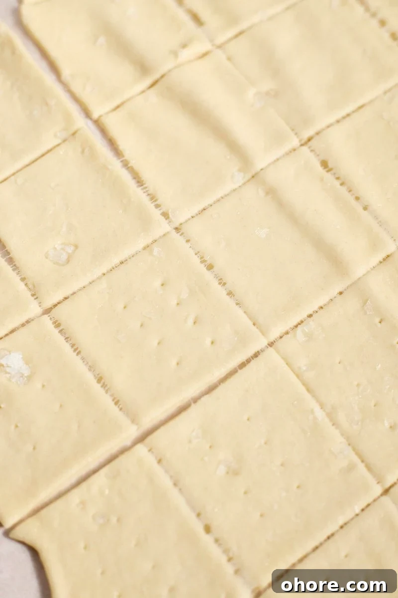 Crispy Sourdough Discard Crackers Recipe for Zero-Waste Snacking 12 Rolled and sliced dough ready to bake.