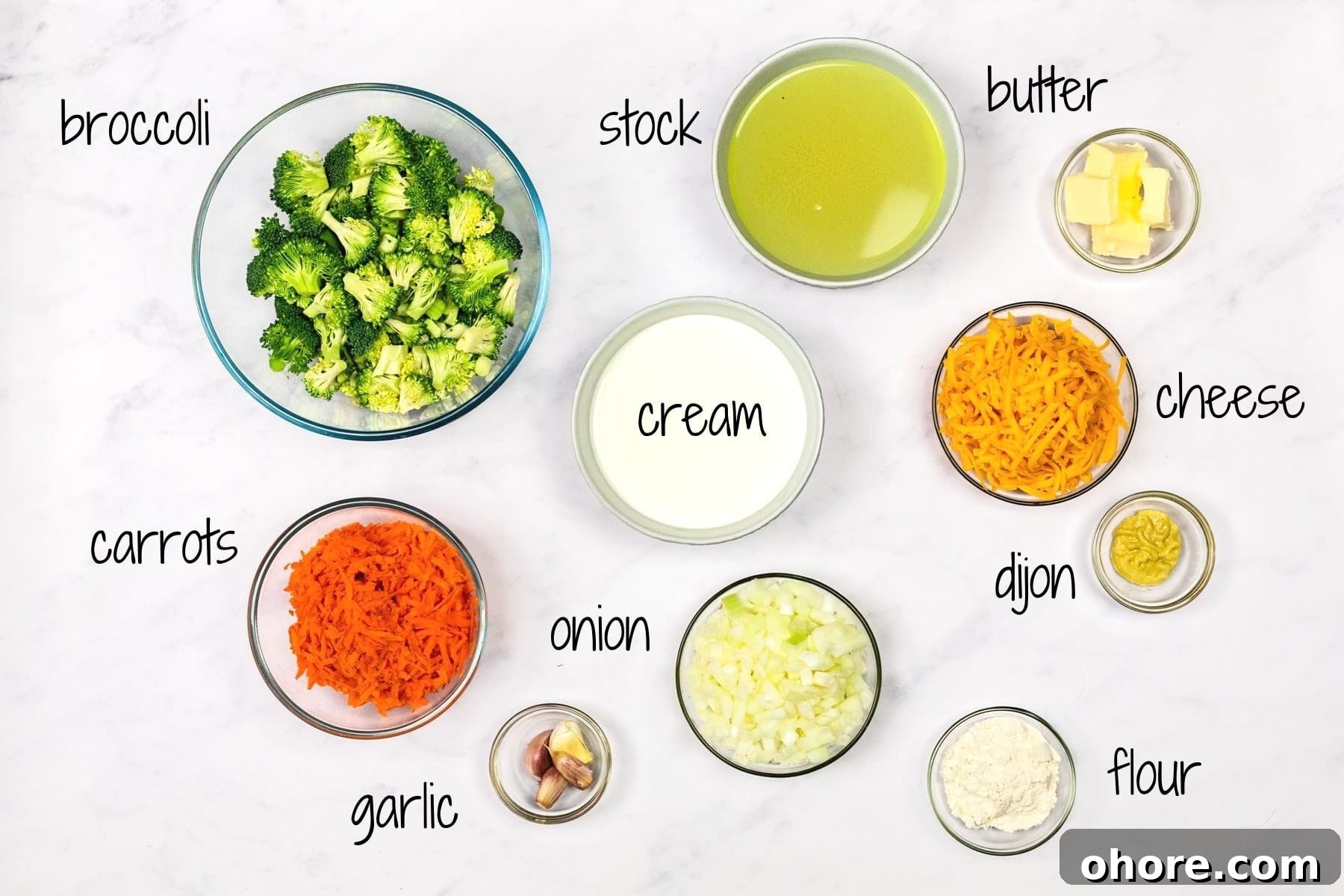 Creamy Broccoli Cheddar Soup Recipe for Cozy Comfort Meal 3 Ingredients for broccoli cheddar soup with text labels.