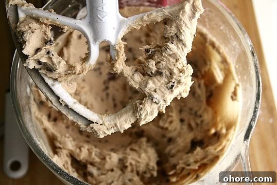 Cookie Dough Whoopie Pie Filling Recipe and Tips 3 Chocolate chip cookie dough batter in a stand mixer bowl