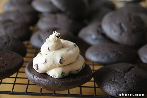 Open-faced chocolate whoopie pie with a swirl of chocolate chip cookie dough filling