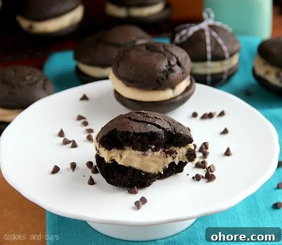 Cookie Dough Whoopie Pie Filling Recipe and Tips 6 Chocolate whoopie pie with chocolate chip cookie dough filling on a plate
