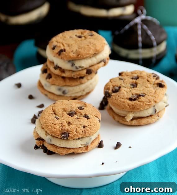 Cookie Dough Whoopie Pie Filling Recipe and Tips 7 Chocolate chip cookie whoopie pies with chocolate chip cookie dough filling on a plate