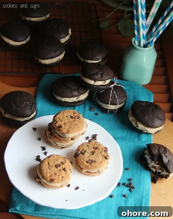 Cookie Dough Whoopie Pie Filling Recipe and Tips 8 Chocolate chip whoopie pies on a plate surrounded by chocolate whoopie pies with cookie dough filling