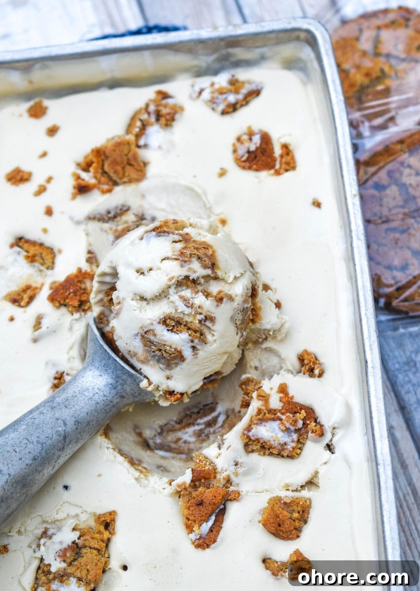 Homemade Oatmeal Cream Pie Ice Cream Recipe 4 a silver scoop scooping no churn oatmeal creme pie ice cream from a metal pan