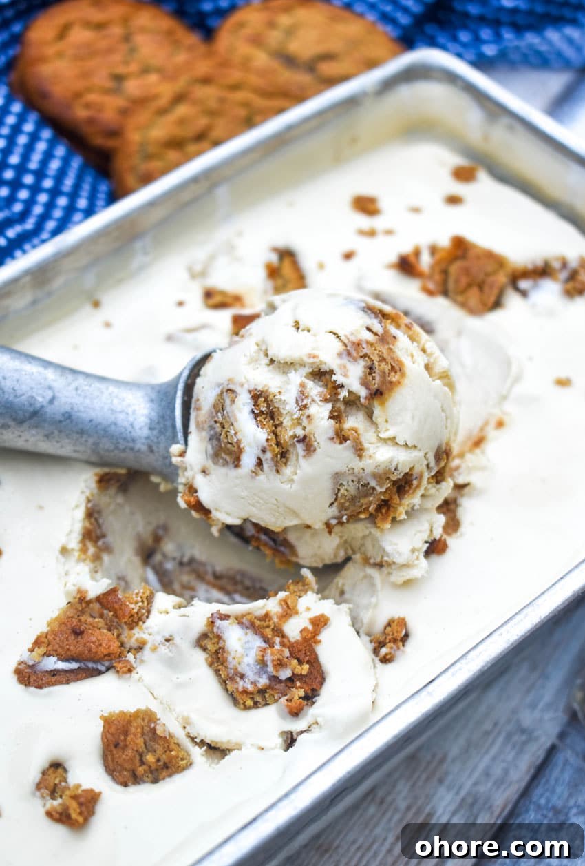 Homemade Oatmeal Cream Pie Ice Cream Recipe 5 a silver scoop scooping no churn oatmeal creme pie ice cream from a metal pan
