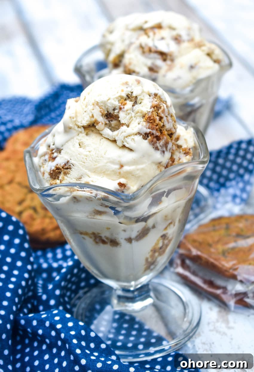 Homemade Oatmeal Cream Pie Ice Cream Recipe 6 scoops of copycat little debbie oatmeal cream pie ice cream in a glass dish