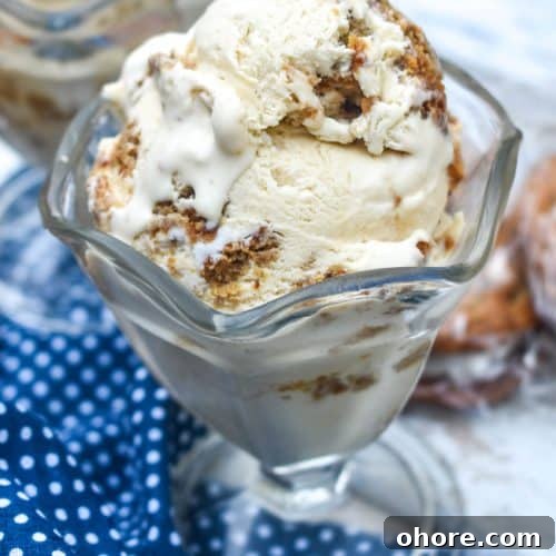 scoops of copycat little debbie oatmeal creme pie ice cream in a glass dish