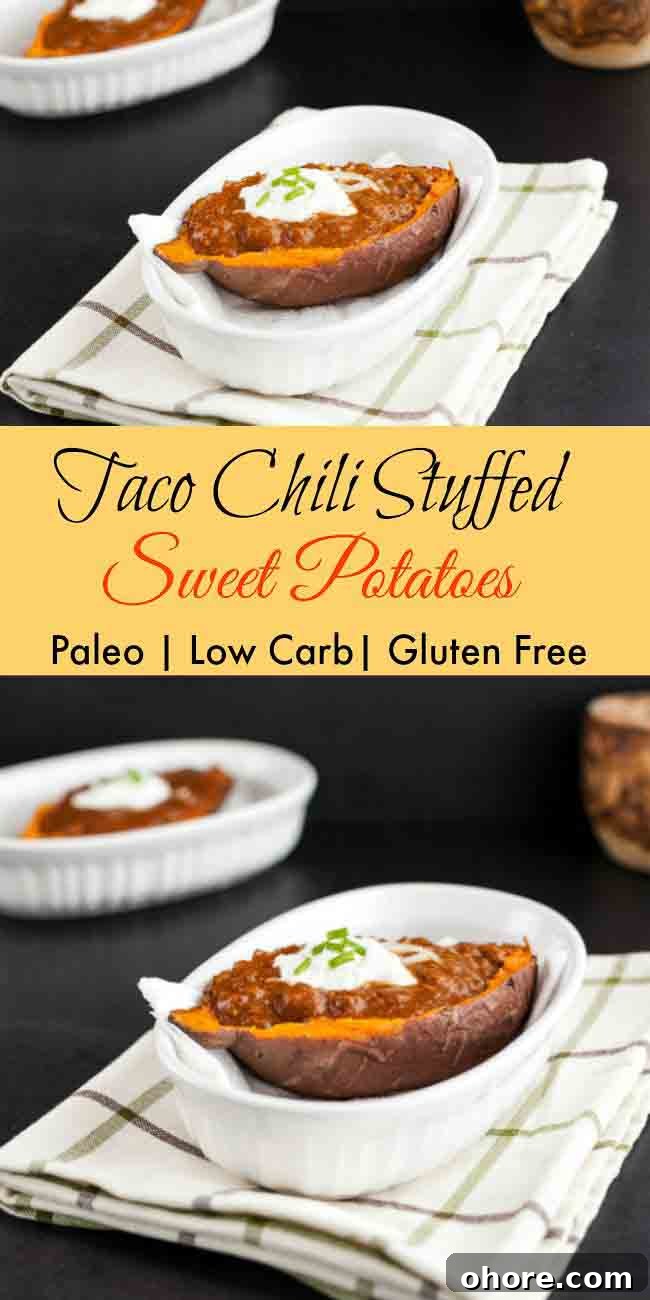 Taco Chili-Stuffed Sweet Potatoes Recipe for Flavor-Packed Meals 8 Taco Chili Stuffed Sweet Potatoes. grain free, paleo, low carb