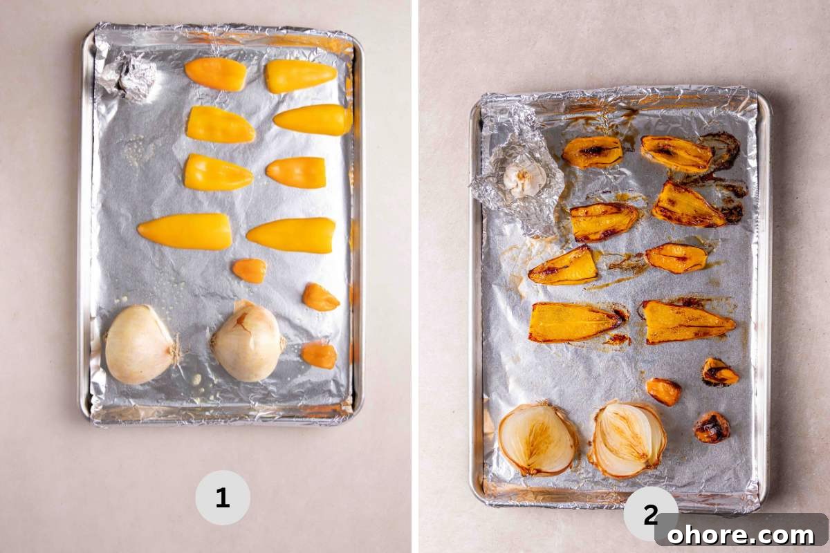 Mango Habanero Wing Sauce: Sweet, Spicy, Tangy Recipe 5 peppers and onion lined on a baking sheet before roasting.