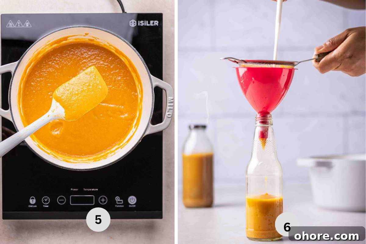 Mango Habanero Wing Sauce: Sweet, Spicy, Tangy Recipe 7 sweet hot sauce in a saucepan simmering, and sieving the sauce into a storage bottle.