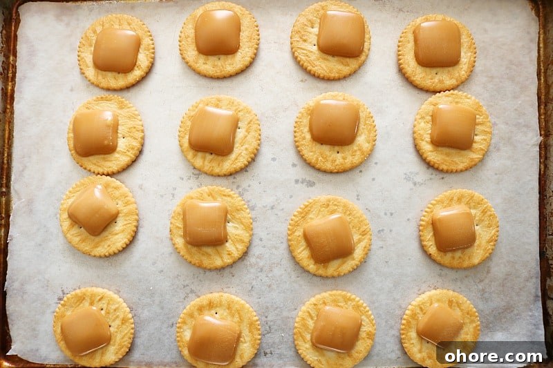caramel melted on crackers for chocolate cookies. 