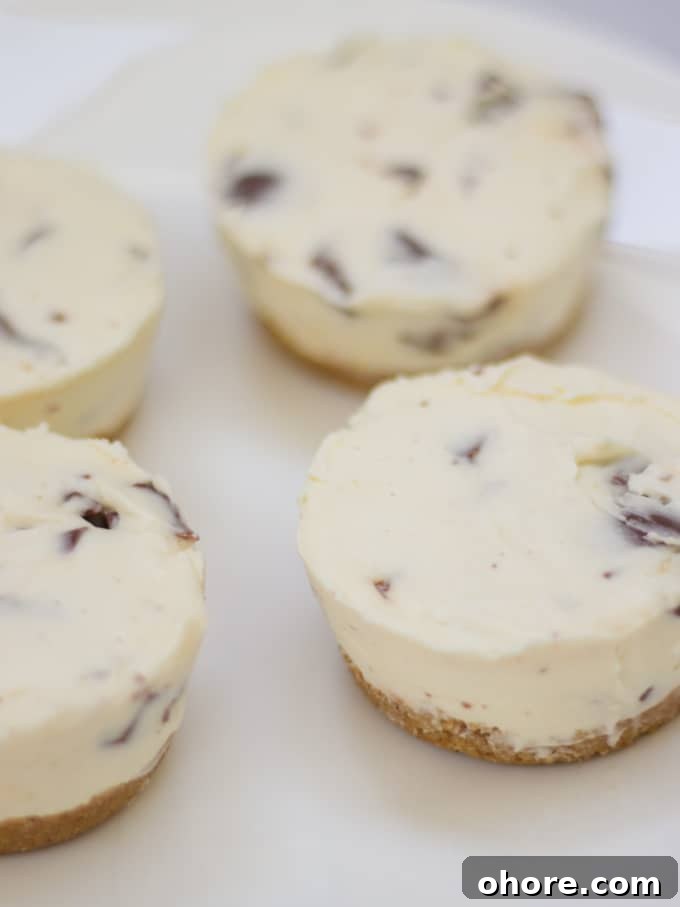 Mini No-Bake Creme Egg Cheesecakes: Bite-Sized Dessert Recipe 5 Mini cheesecakes on a white plate.