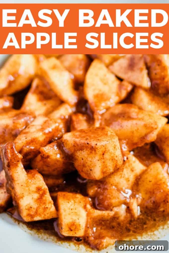 Baked Apple Slices with Cinnamon and Honey 61 1st image of easy baked apple slices with a text heading of the recipe title on an orange background. below is a light blue plate of juicy baked apple pieces.