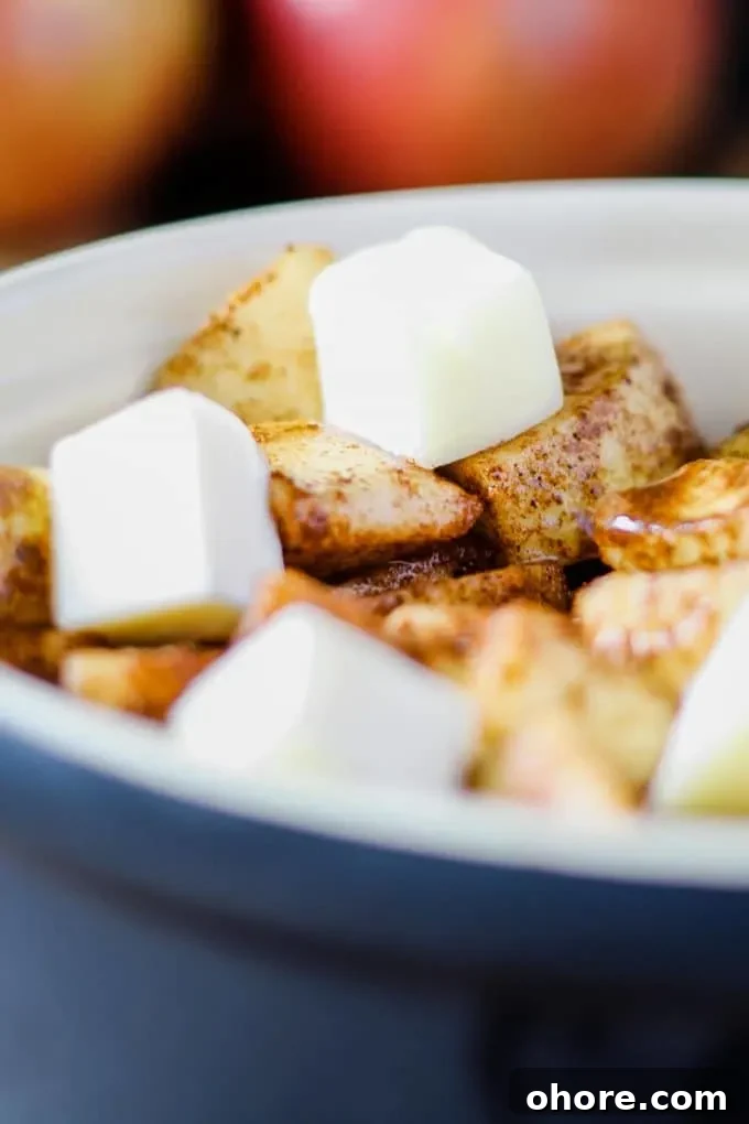 Baked Apple Slices with Cinnamon and Honey 4 closeup of cut cubed butter on unbaked spiced apples