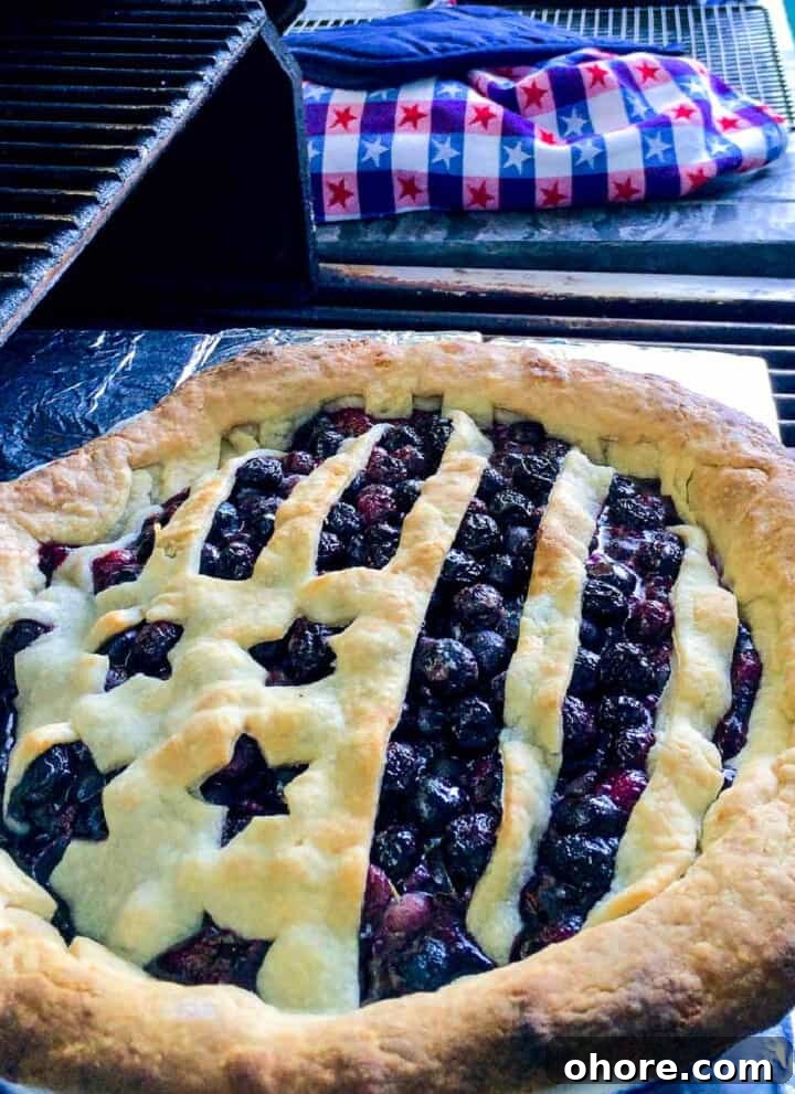A blueberry pie baked outdoors on a grill.