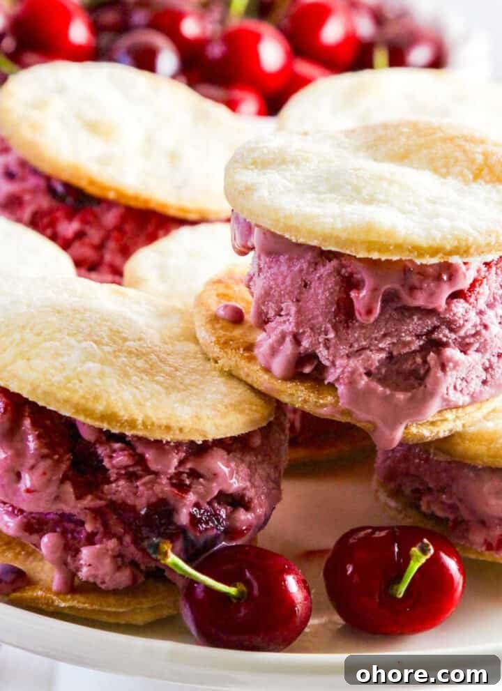 A white platter with cherry pie ice cream sandwiches.