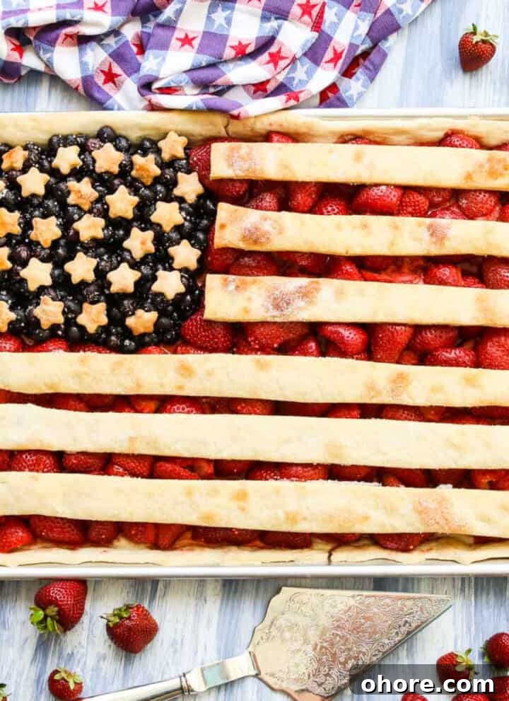 Flag sheet pan pie with strawberries and blueberries.