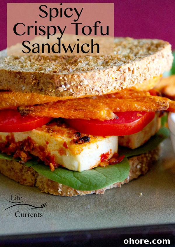 Spicy Crispy Tofu Sandwich Spicy Crispy Tofu Sandwich - With fresh spinach, tomatoes, sweet potato fries, and chipotle-sour cream sauce on toasted sprouted 7-grain bread