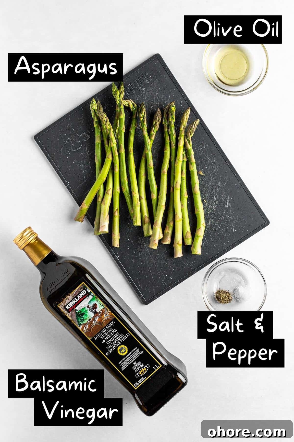 Balsamic-Glazed Asparagus with Garlic and Parmesan 3 The ingredients needed to make the balsamic asparagus.