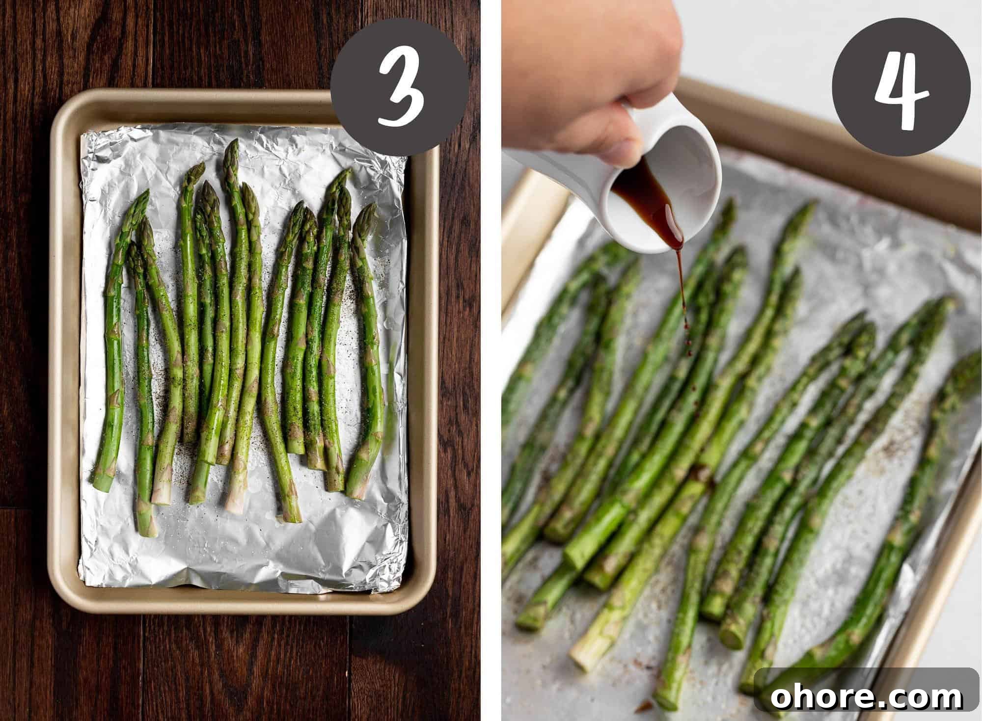 Balsamic-Glazed Asparagus with Garlic and Parmesan 5 A collage of process photos illustrating steps 3 and 4.