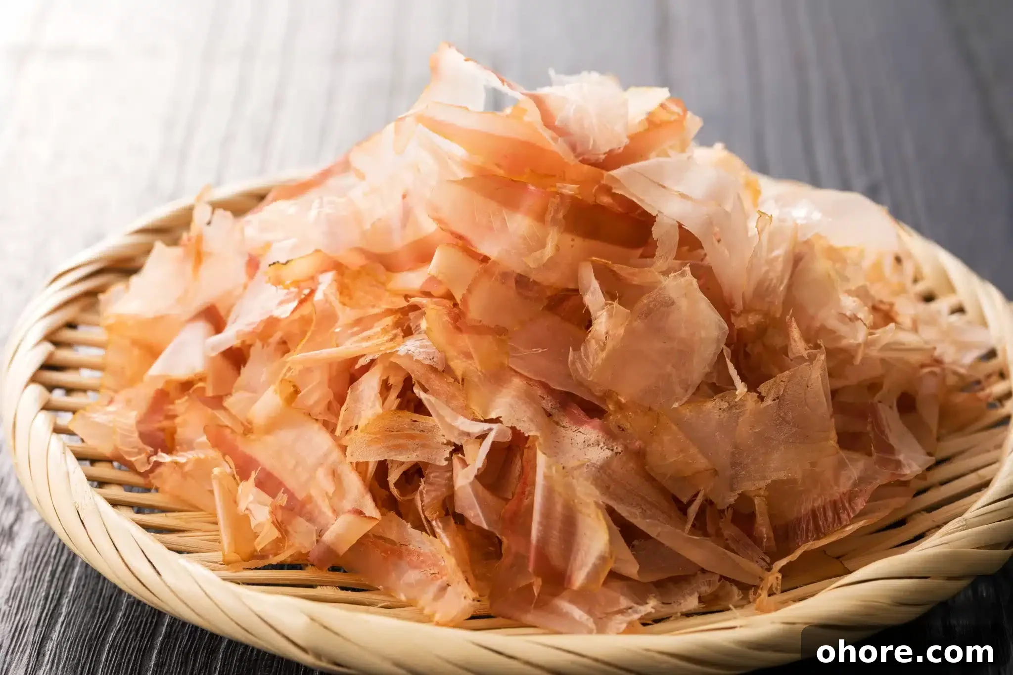 A woven plate piled high with katsuobushi.