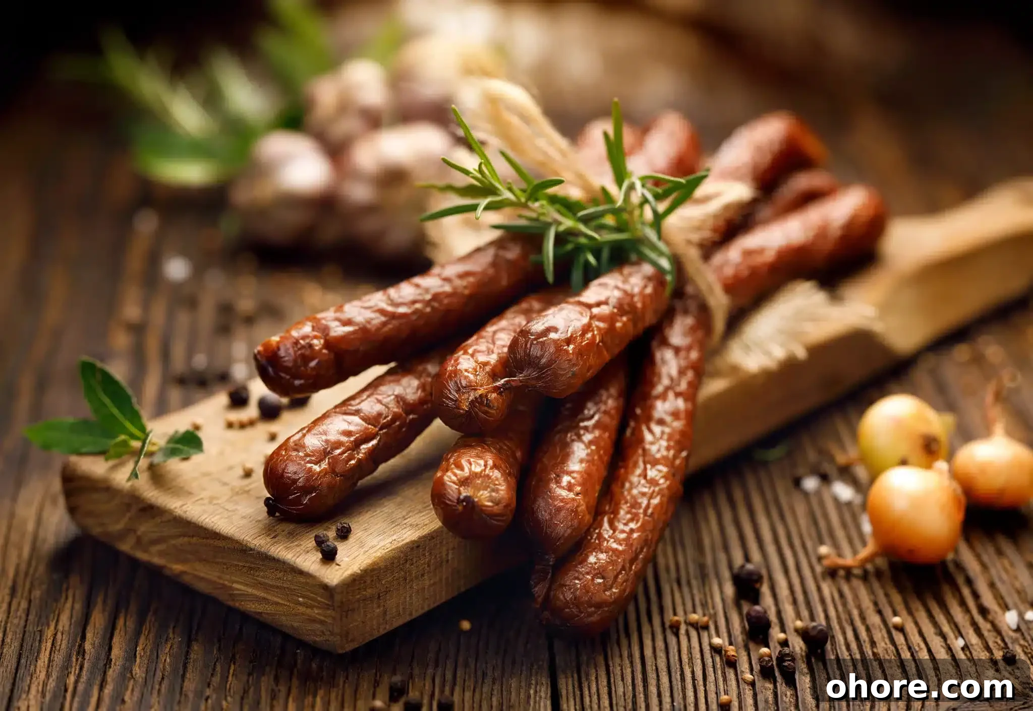 Macro shot of a kabanos bundle resting on a wooden surface along with various herbs and condiments.