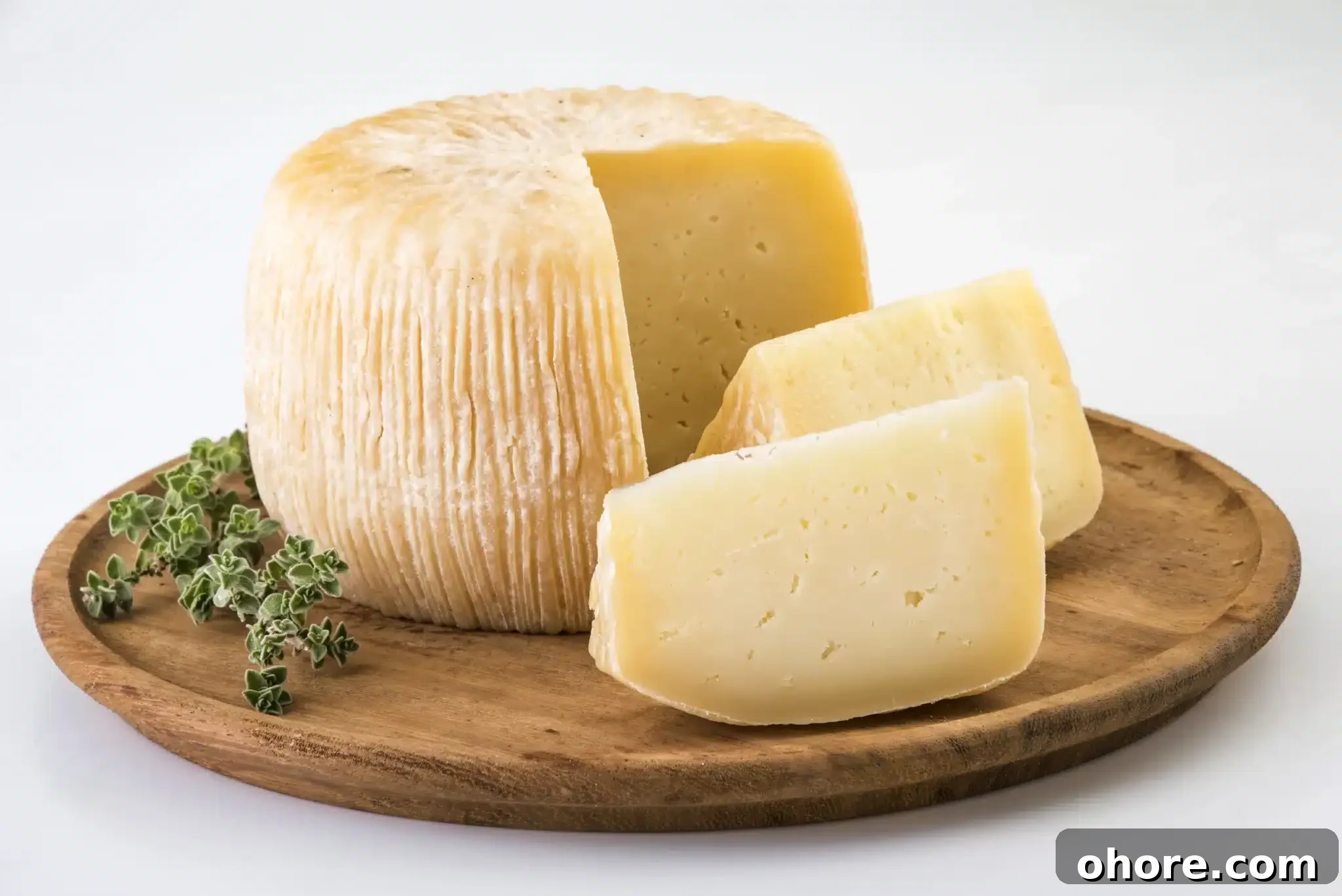 A chopping board showcasing a sliced kefalograviera and a herb sprig.