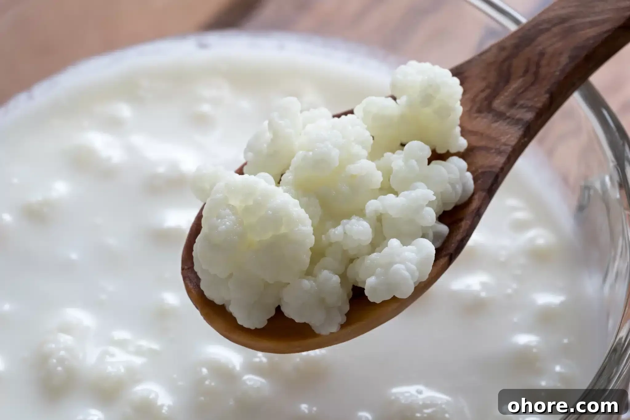 Spooning kefir from a glass bowl.