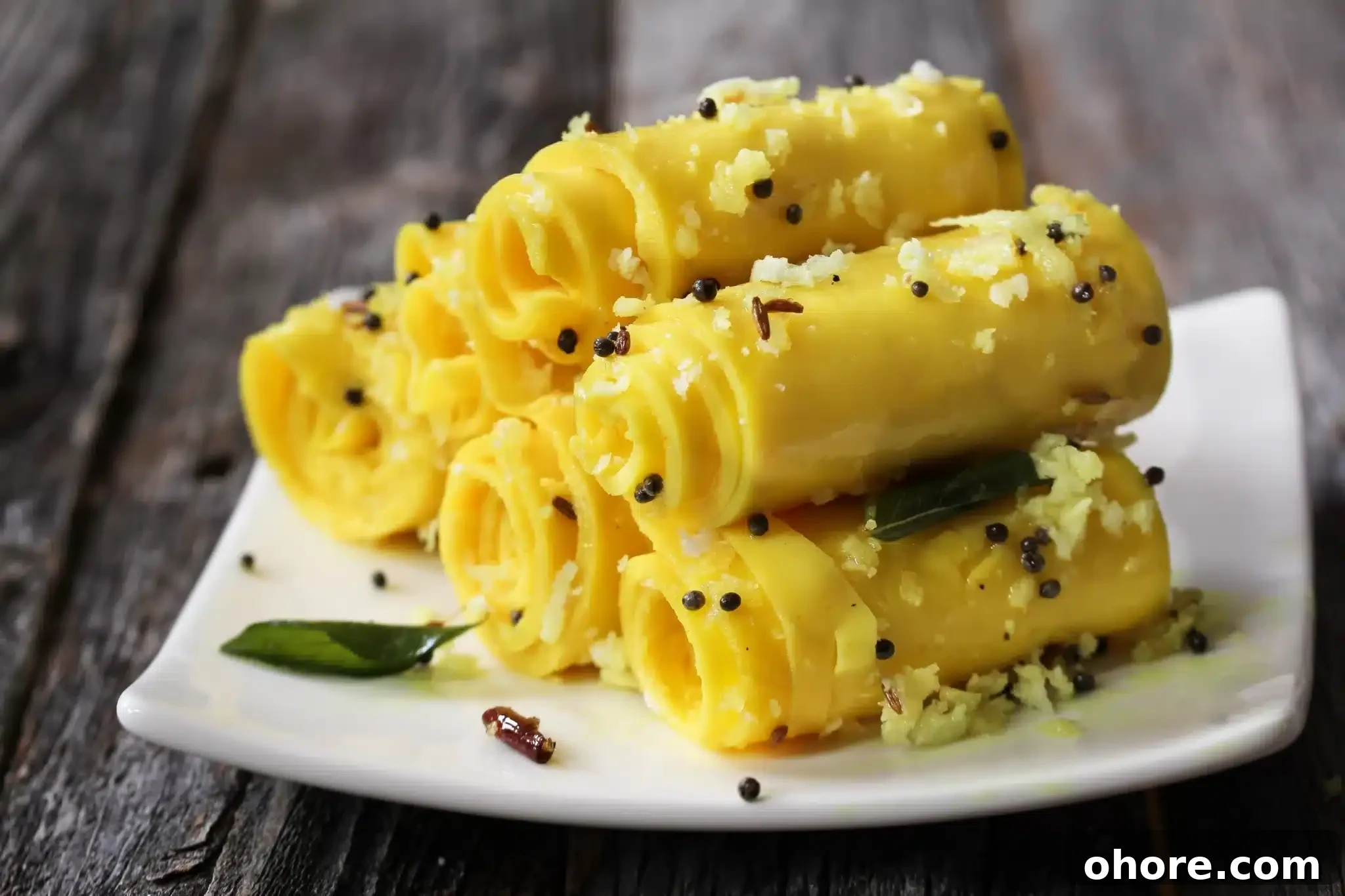 A plate holding a pile of khandvi pieces. 