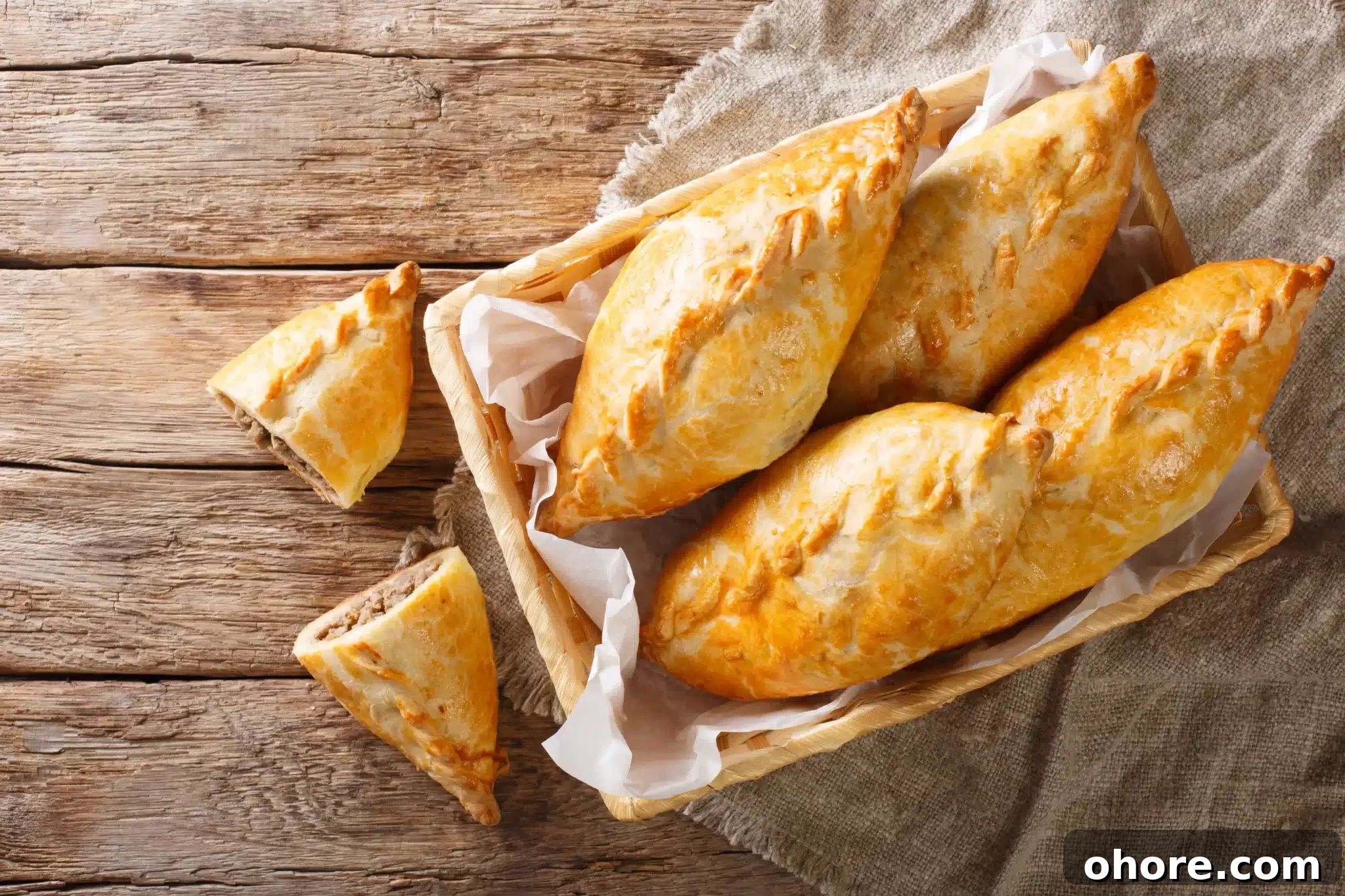 Kibinai stuffed with minced meat and onion on a rustic background. 