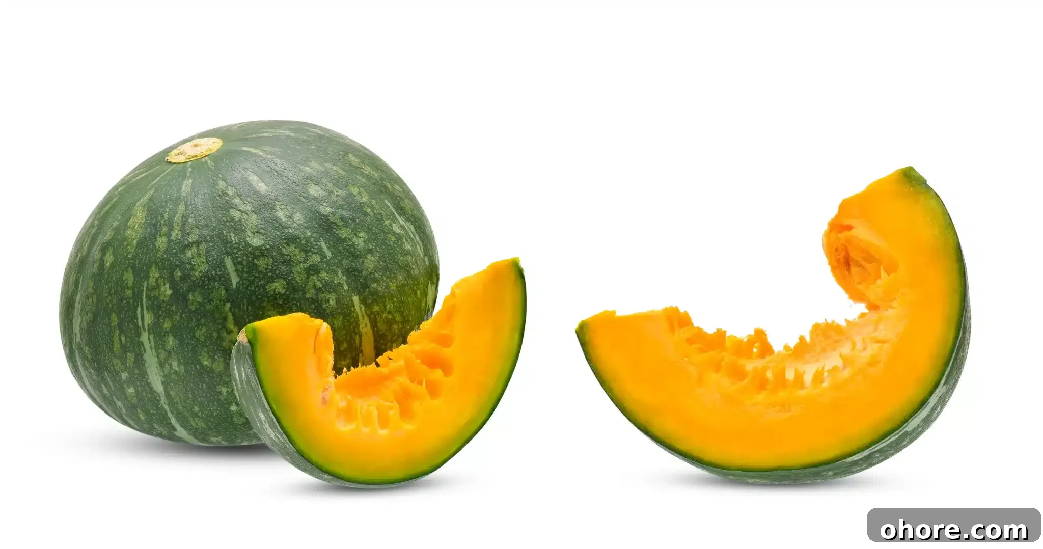 A whole kabocha and a couple of pieces of the same squash.
