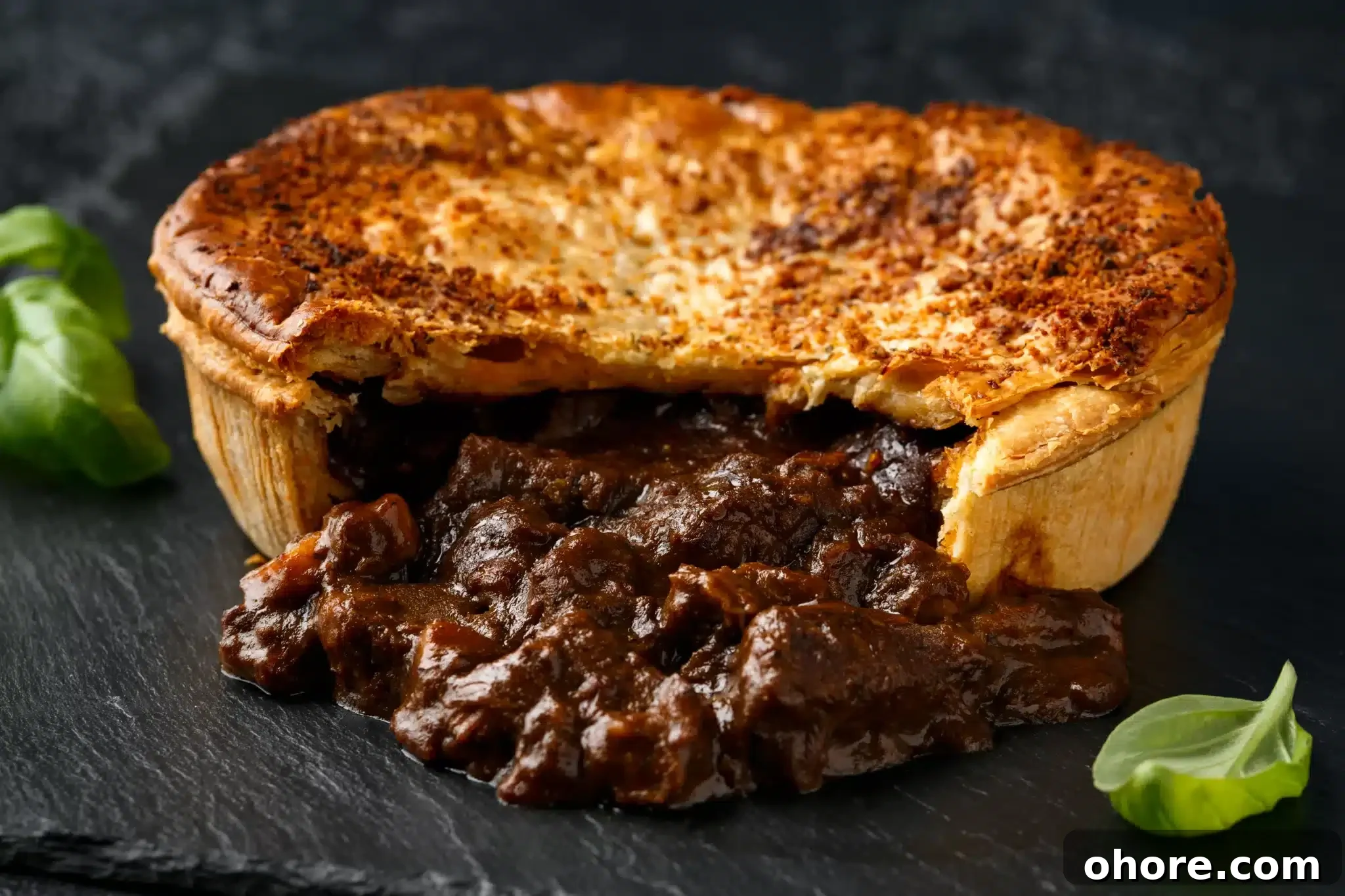 A freshly baked kidney pie on a black countertop.