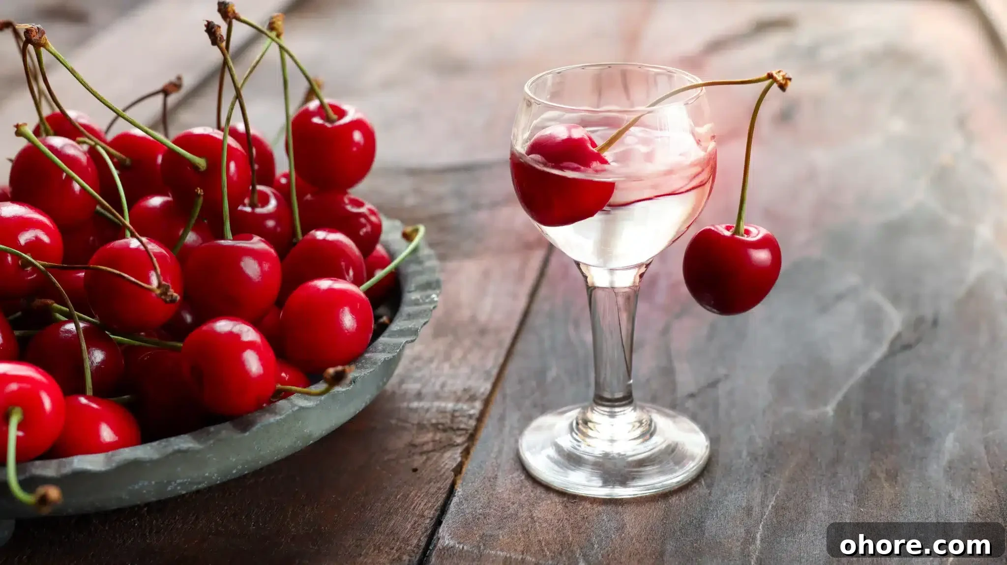 A rustic wooden surface showcasing a glass of kirsch and a plate heaped with fresh cherries.