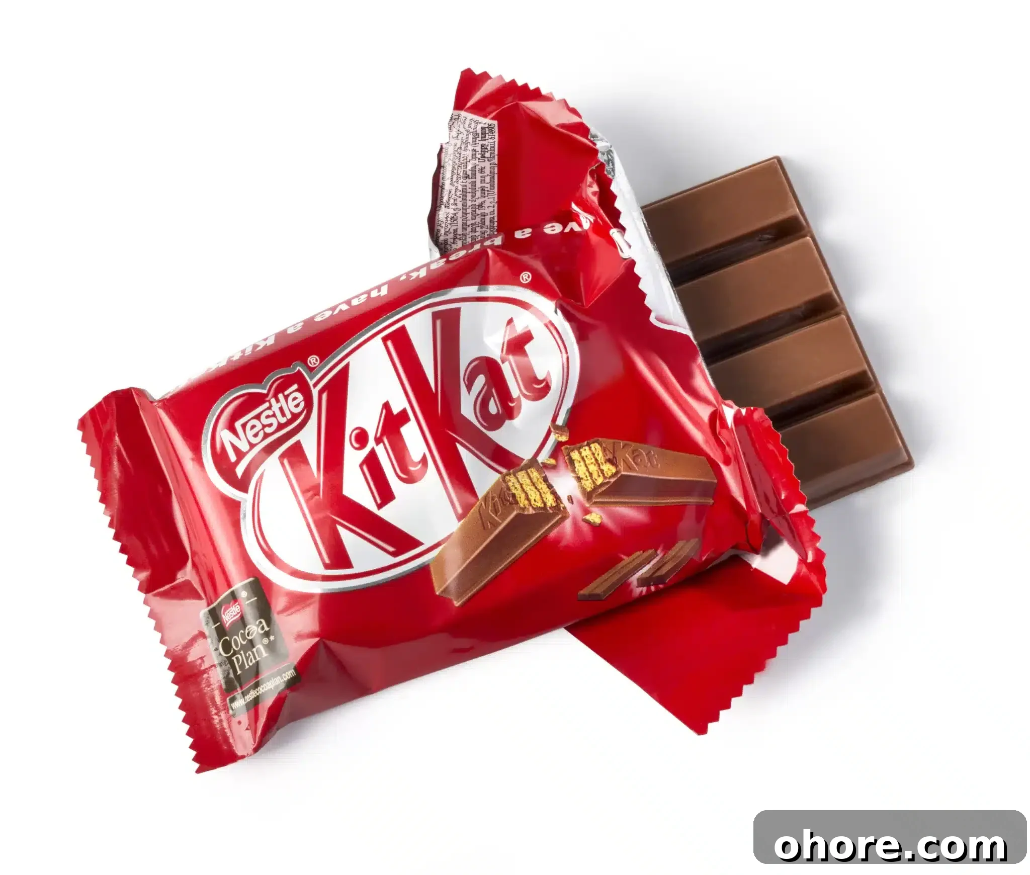 An open Kitkat chocolate bar pictured against a white backdrop.