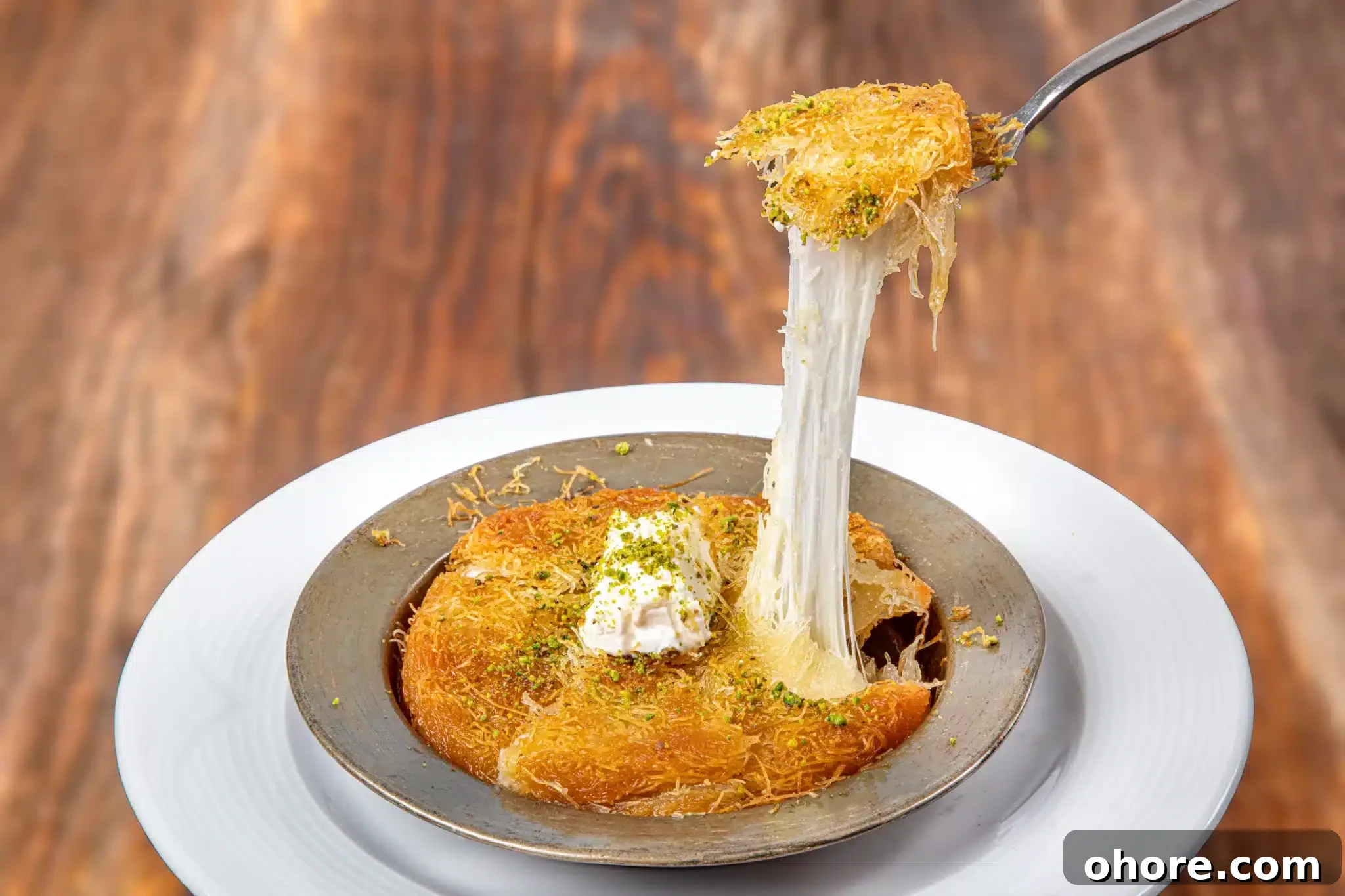 Spooning a piece of knafeh from a metal plate.
