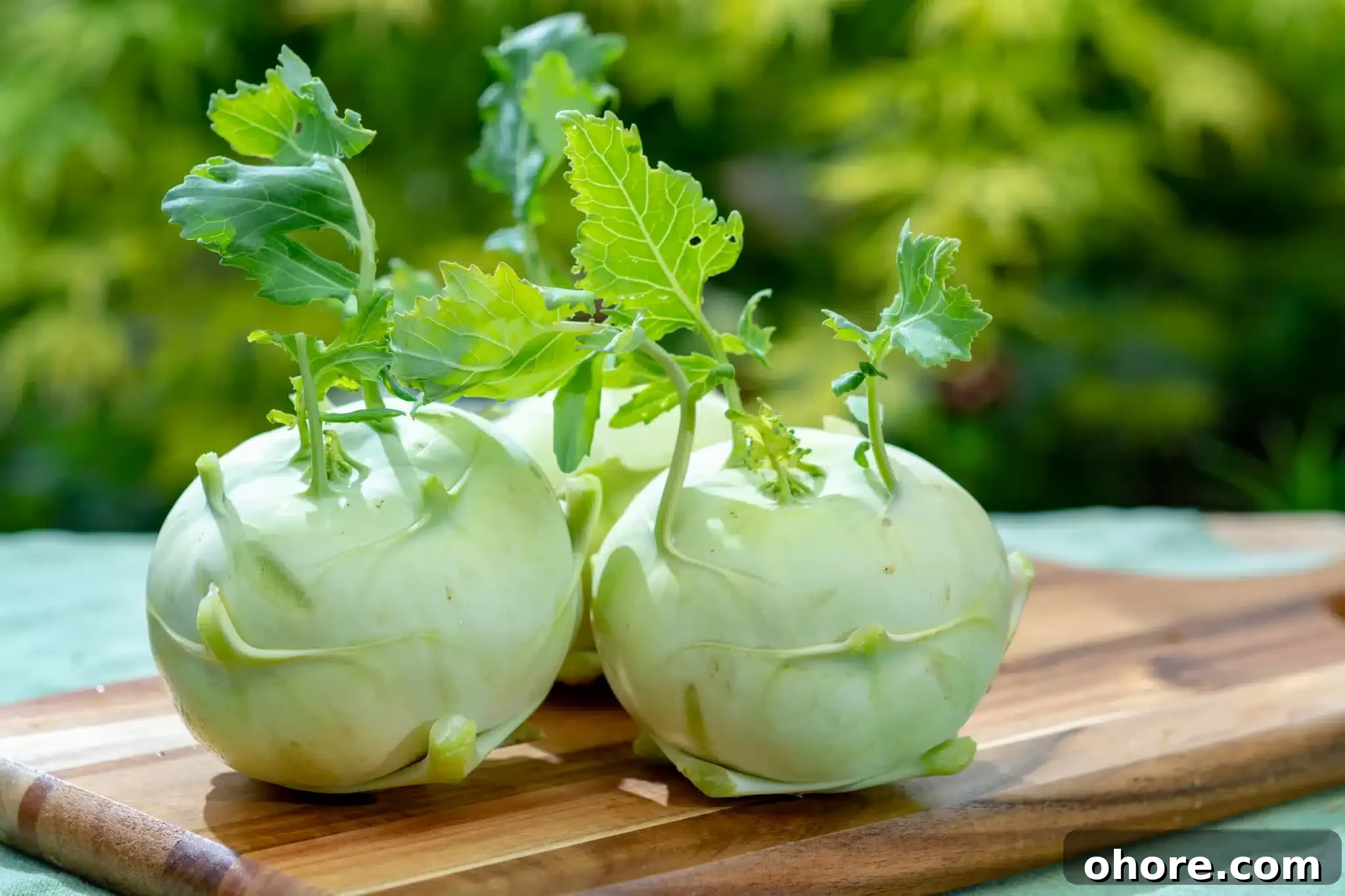 An outdoor blurred background featuring a few kohlrabis resting on a chopping board.