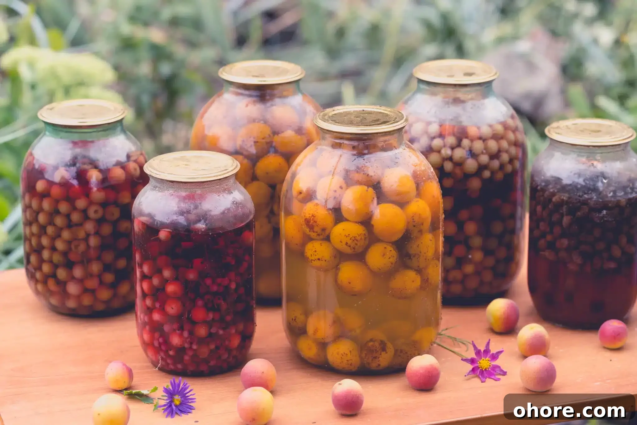 A wooden table showing a collection of kompot jars made with different fruits.