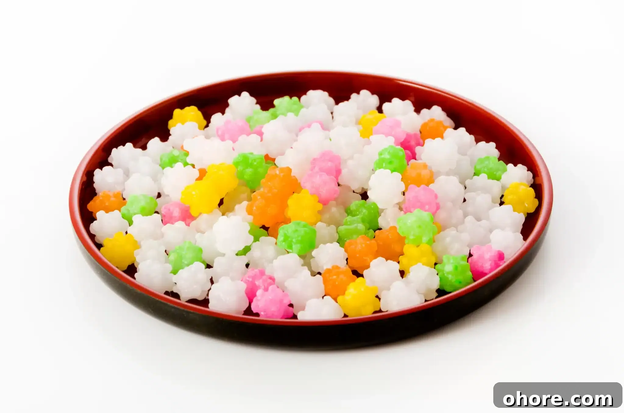 A plate full of colorful konpeitō candies.