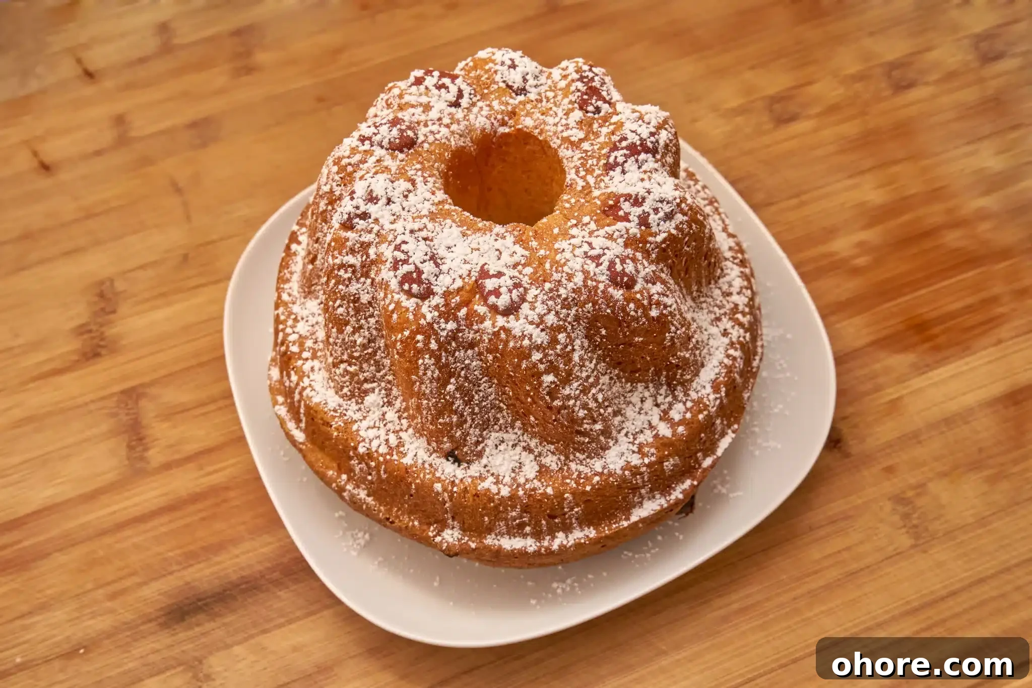 A wooden table featuring a kugelhopf sprinkled with powdered sugar.