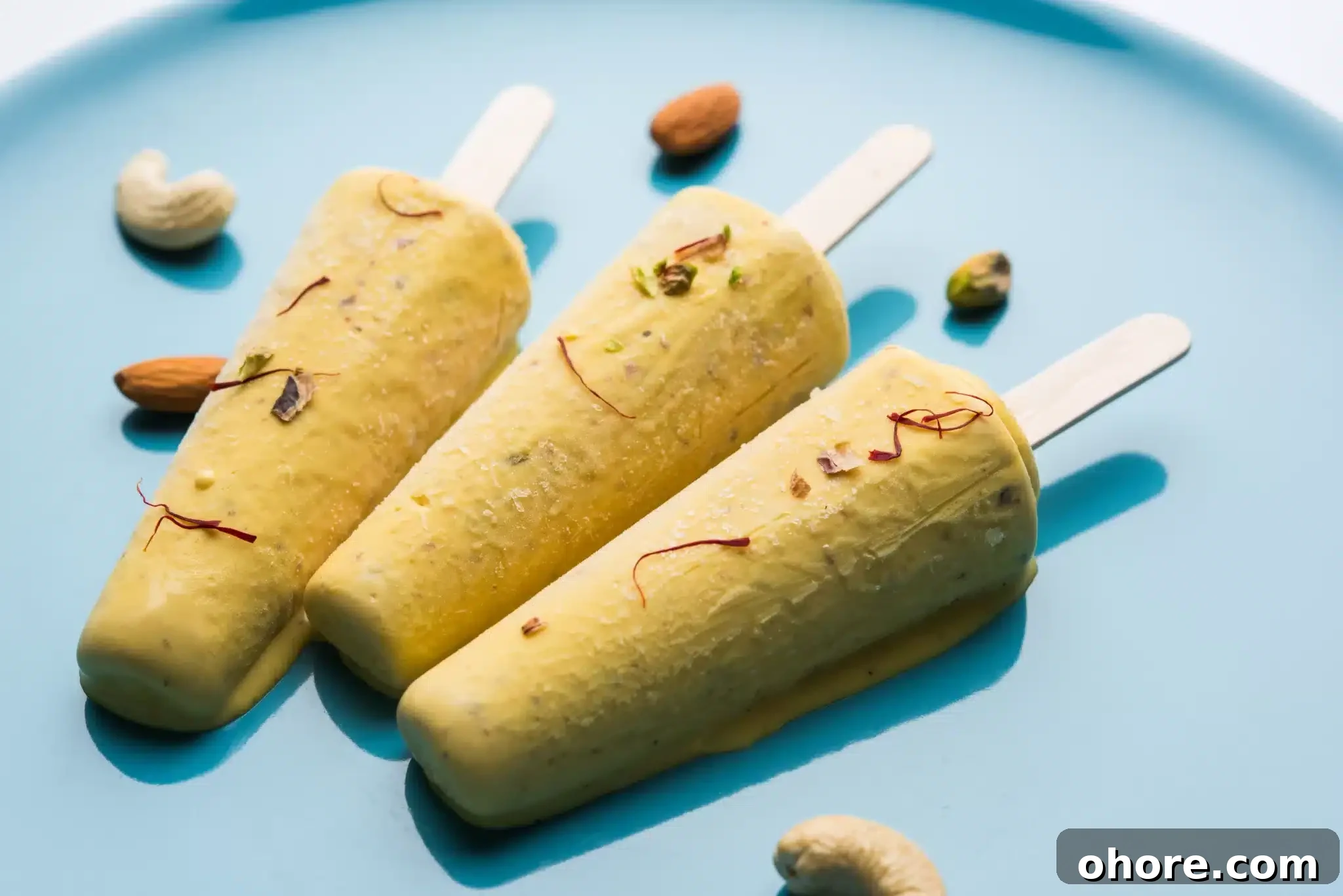 Three kulfi portions served on a light blue plate.