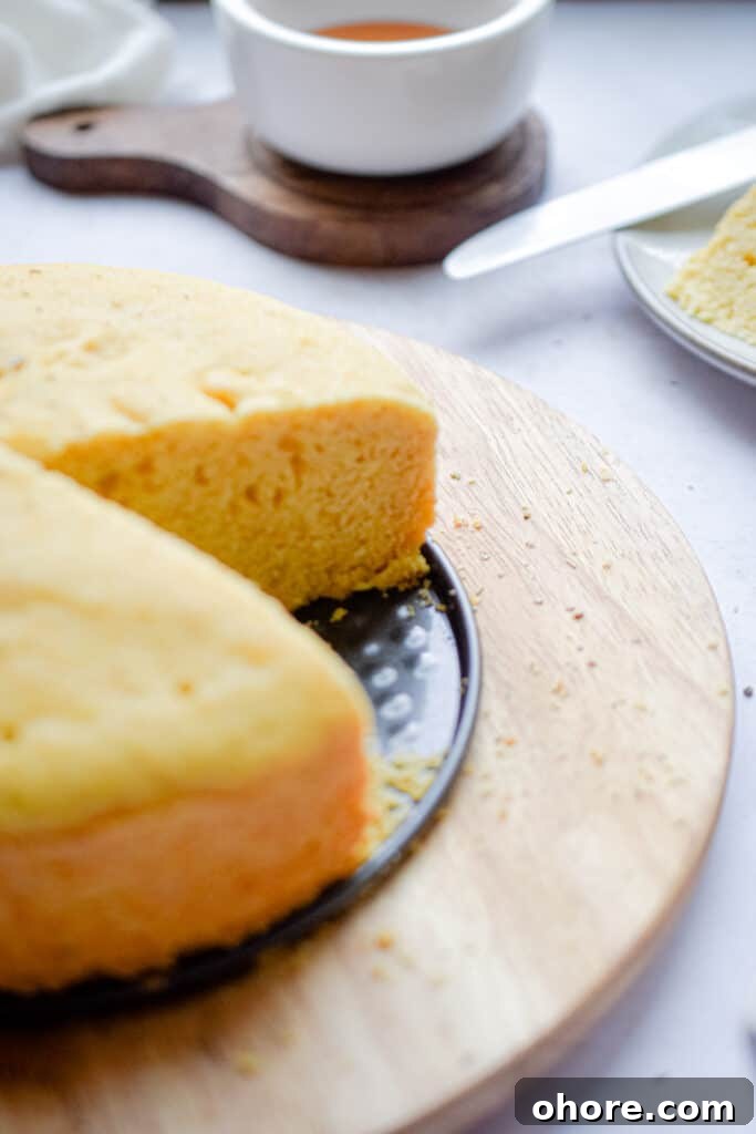 The instant pot cornbread is cut and is shown.