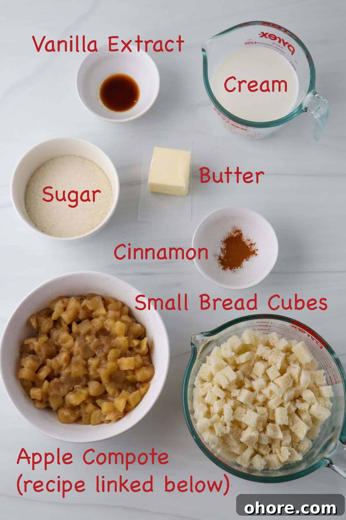 Labeled ingredients for Danish Apple Trifle.